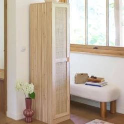 sweeek Armadio spogliatoio in legno e canna, 1 anta, 5 ripiani