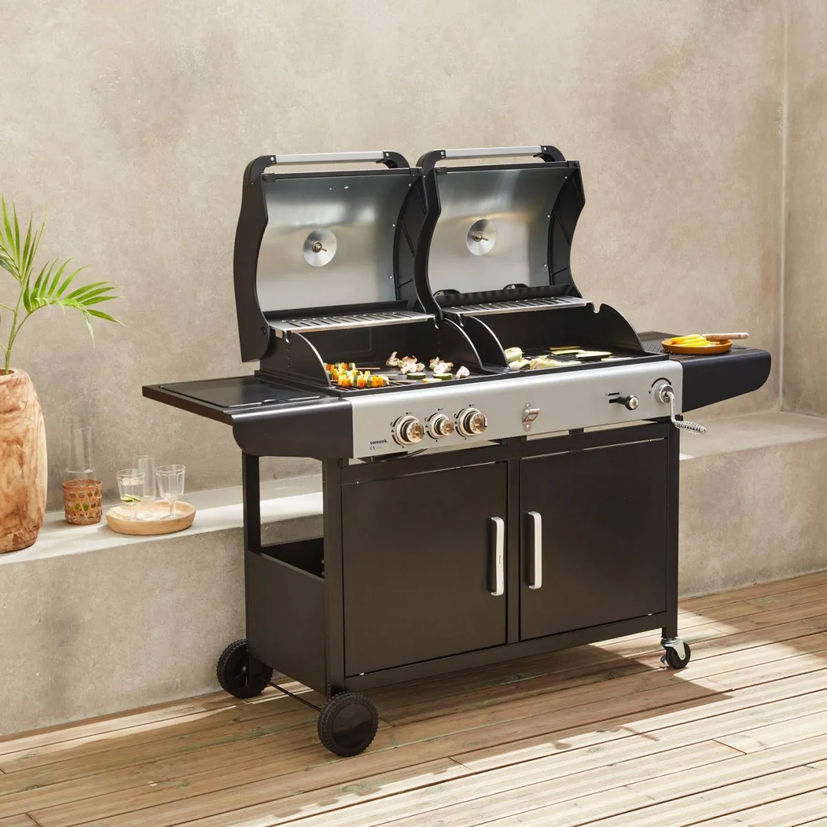 sweeek Barbecue combinato a gas e carbonella con fuoco laterale