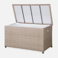 Baule da giardino in resina intrecciata con rotelle e fodera interna, 790L