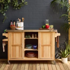sweeek Carrello da cucina da esterno in legno con maniglie e 7 vani portaoggetti, 130cm