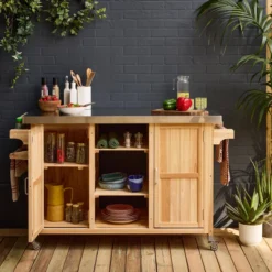 sweeek Carrello da cucina da esterno in legno con maniglie e 7 vani portaoggetti, 130cm