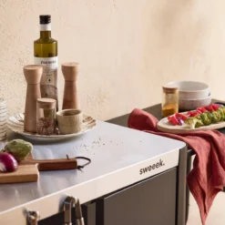 sweeek Carrello da cucina da esterno in acciaio con tavolino pieghevole, 94.5cm