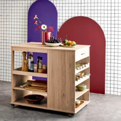sweeek Carrello da cucina effetto legno con portabottiglie, 100cm