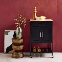 sweeek Carrello da cucina in legno di gomma con 2 ripiani, 56cm