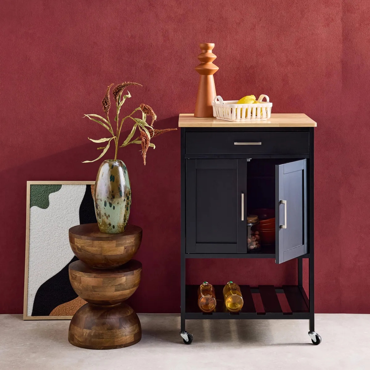 sweeek Carrello da cucina in legno di gomma con 2 ripiani, 56cm
