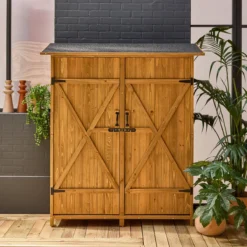 sweeek Casetta da giardino in legno d'abete e 4 vani portaoggetti, 140cm