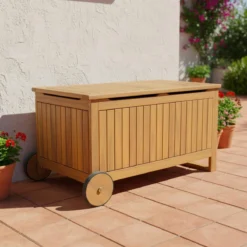 sweeek Cassapanca da giardino in legno di acacia con ruote, 119L