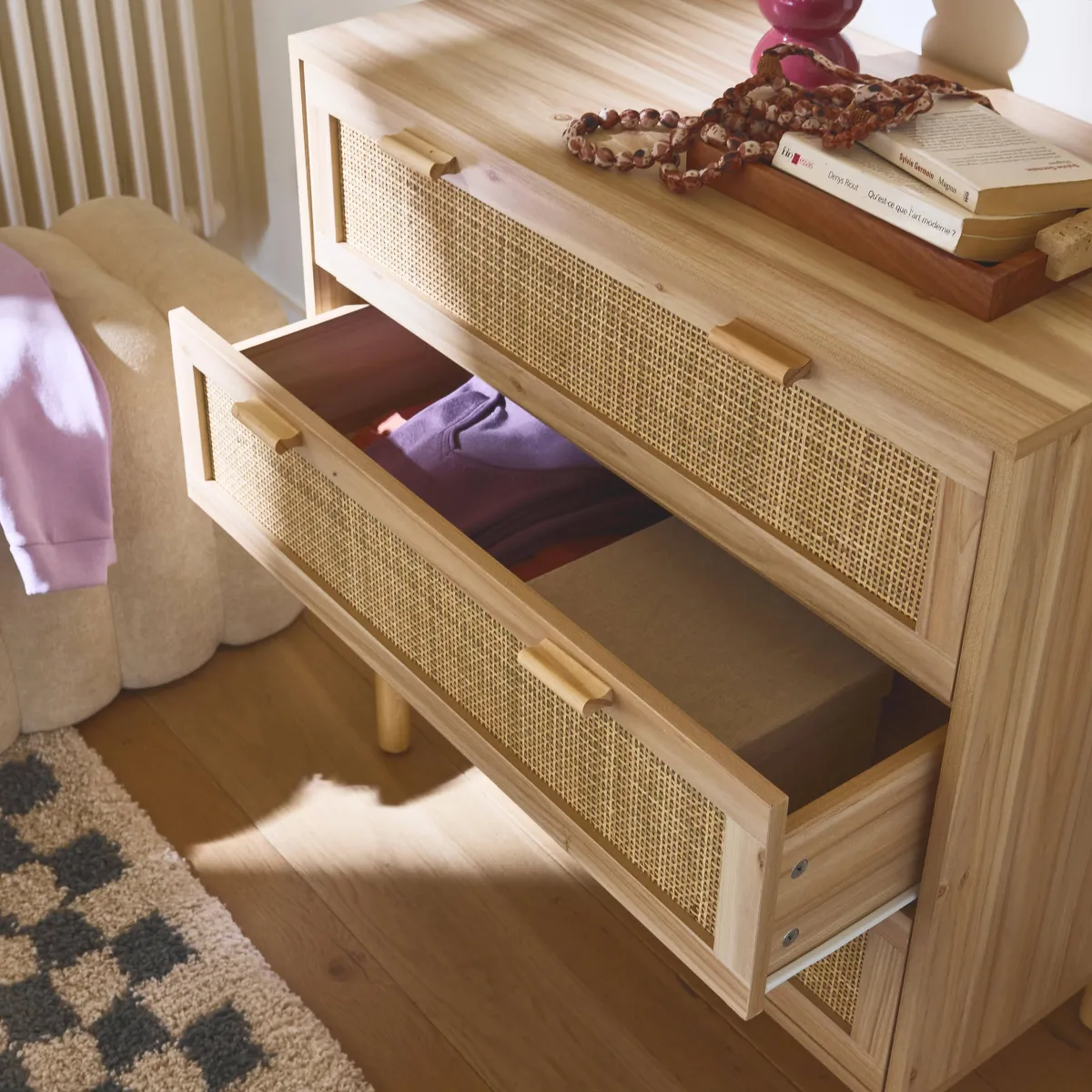 sweeek Cassettiera con effetto canna e legno a 3 cassetti
