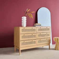 sweeek Cassettiera decorativa legno e rattan 6 cassetti