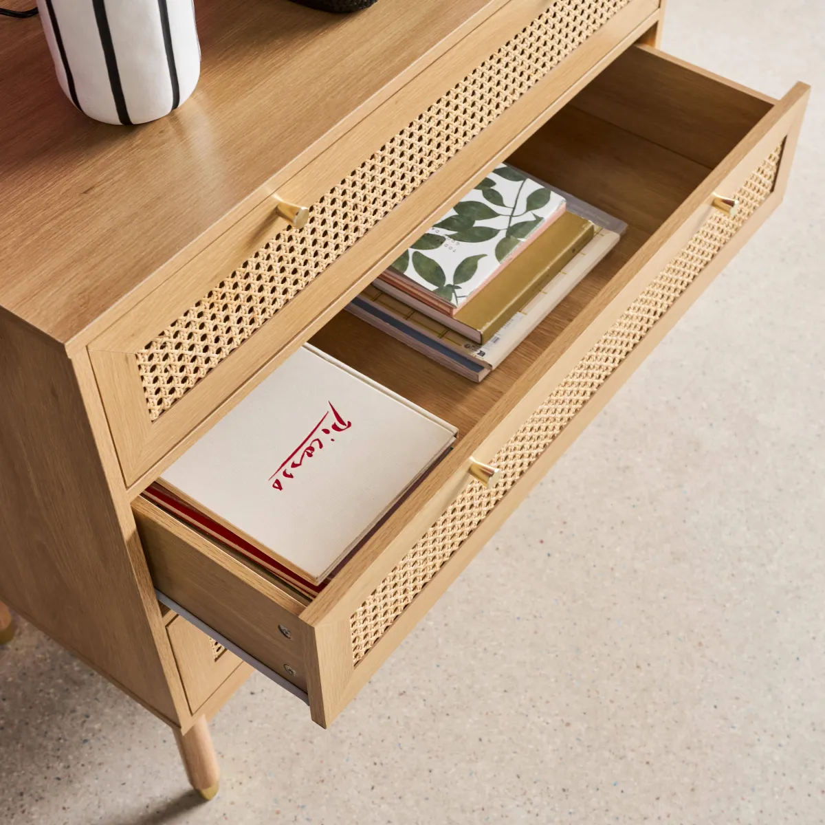 sweeek Cassettiera decorazione legno e cannage 3 cassetti