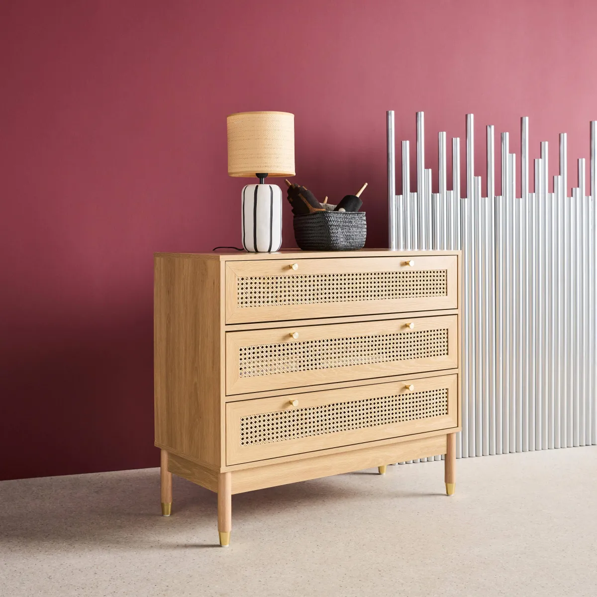 sweeek Cassettiera decorazione legno e cannage 3 cassetti