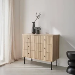 sweeek Cassettiera, decoro in legno scanalato, 3 cassetti