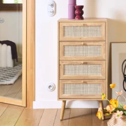 sweeek Cassettiera effetto legno e canna da zucchero a 4 cassetti