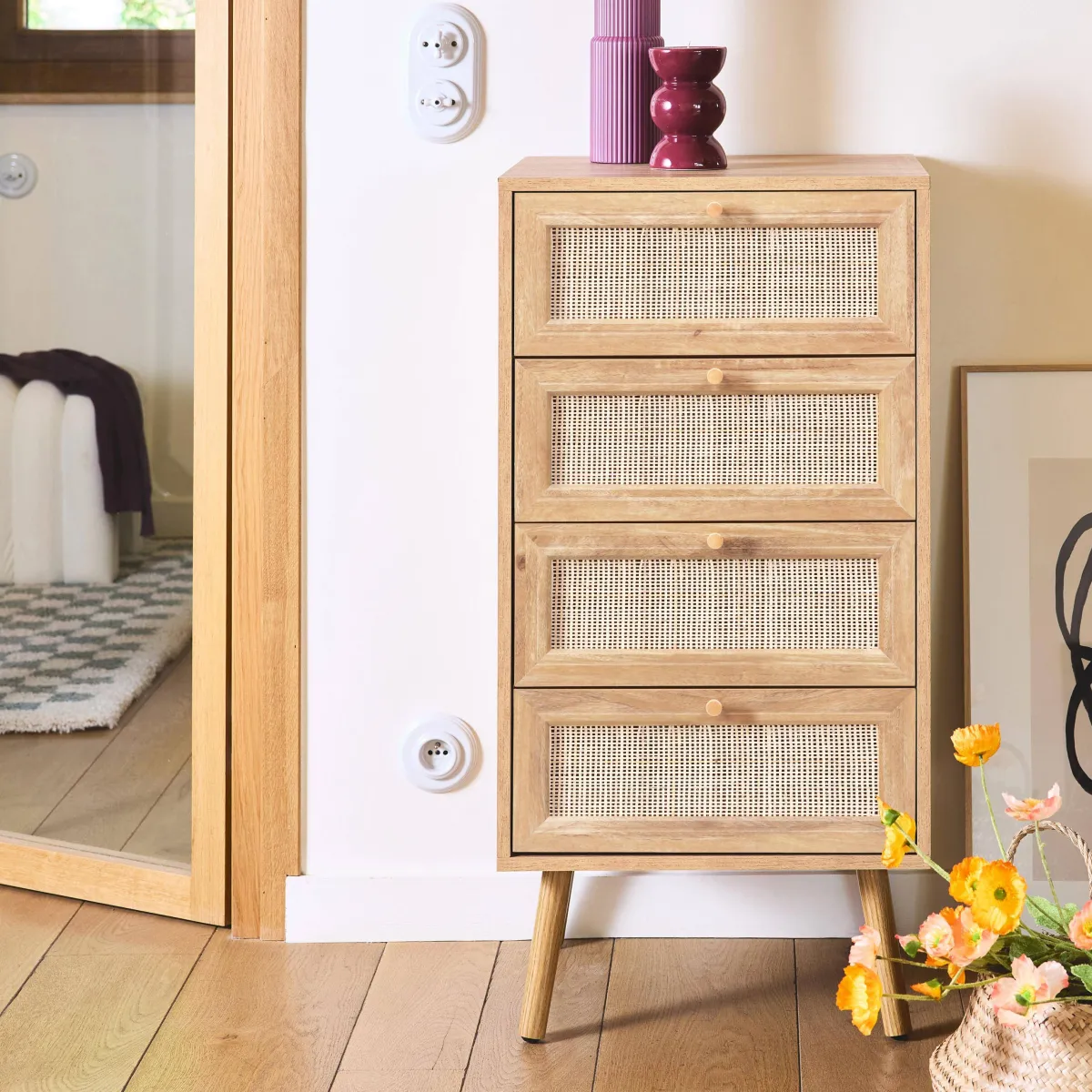 sweeek Cassettiera effetto legno e canna da zucchero a 4 cassetti
