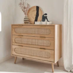 sweeek Cassettiera in legno e canna intrecciata, 3 cassetti