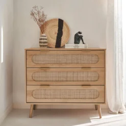 sweeek Cassettiera in legno e canna intrecciata, 3 cassetti