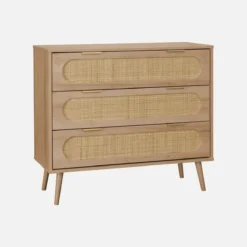 sweeek Cassettiera in legno e canna intrecciata, 3 cassetti