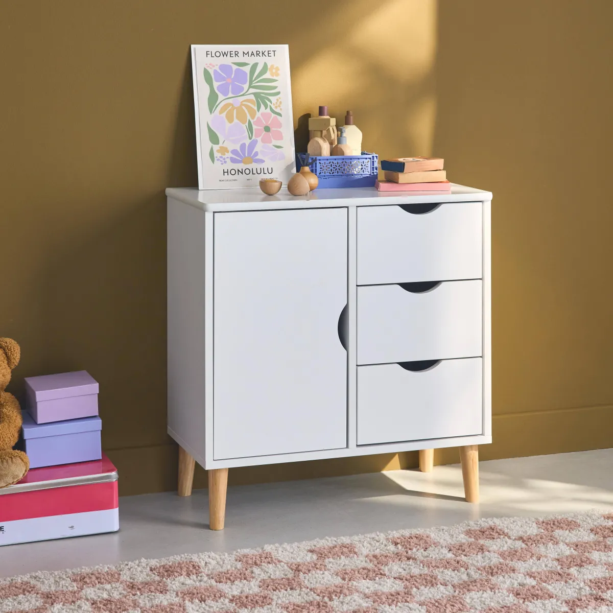 sweeek Cassettone per bambini, 1 anta e 3 cassetti