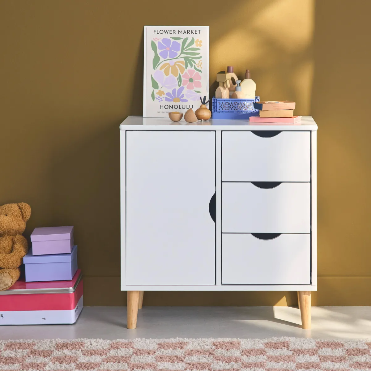 sweeek Cassettone per bambini, 1 anta e 3 cassetti