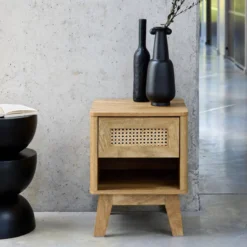 sweeek Comodino con cassetto e nicchia, effetto legno e cannage