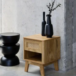 sweeek Comodino con cassetto e nicchia, effetto legno e cannage