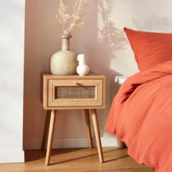 sweeek Comodino effetto legno e intrecciatura cannage, 1 cassetto