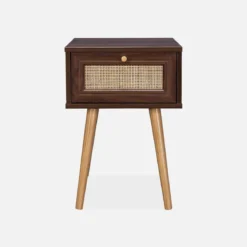 Comodino effetto legno e intrecciatura cannage, 1 cassetto