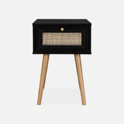 Comodino effetto legno e intrecciatura cannage, 1 cassetto