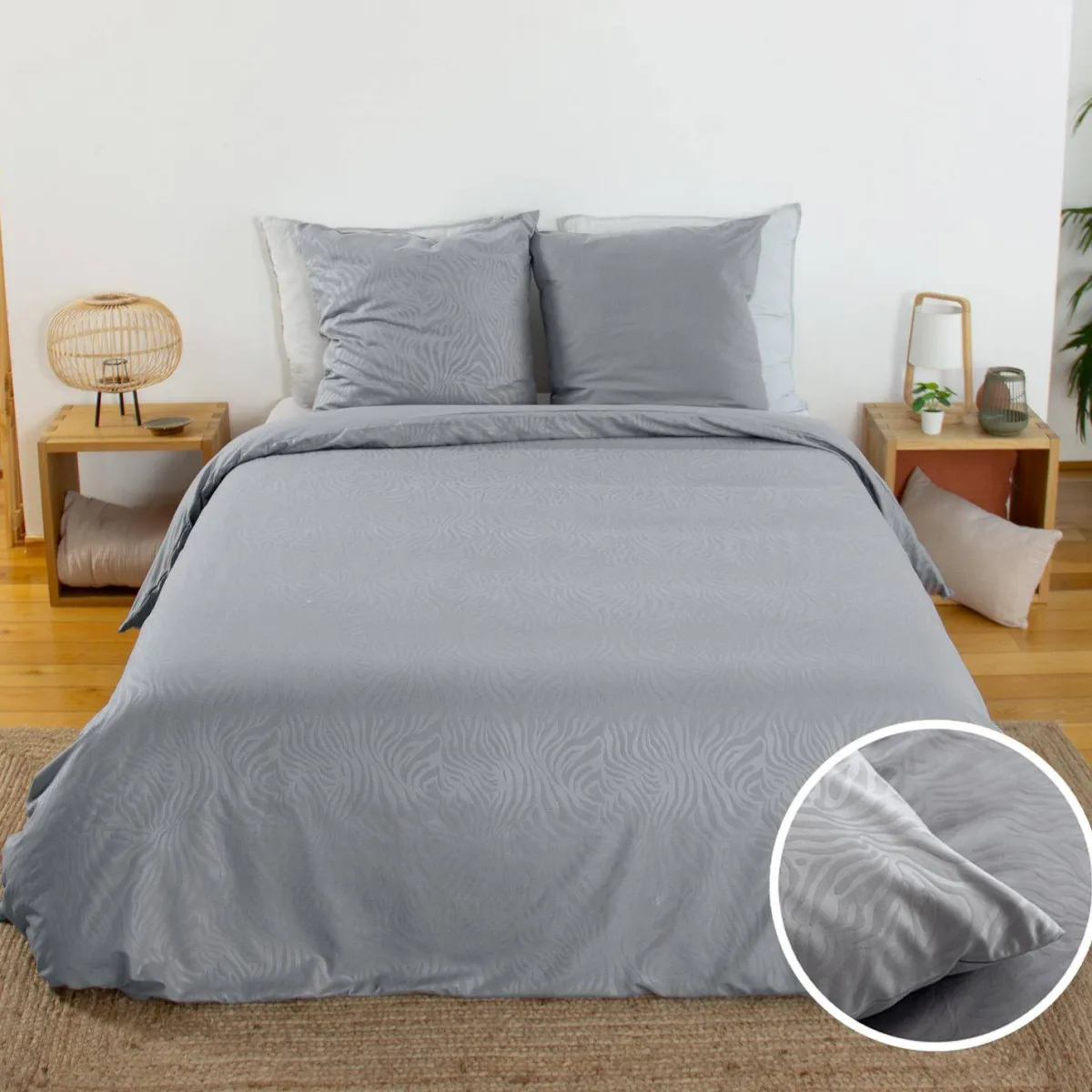 sweeek Completo letto in poliestere reversibile stampato zebrato 2 posti grigio