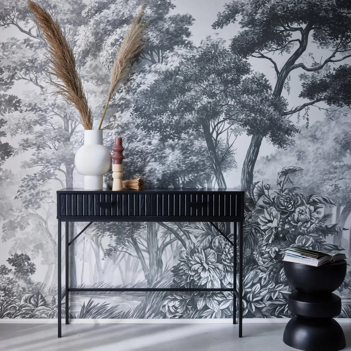 sweeek Consolle con effetto legno scanalato nero a 2 cassetti, 100cm
