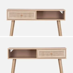 Consolle scandinava con effetto legno e canna, 100cm