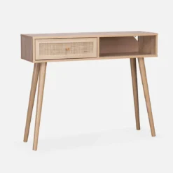 Consolle scandinava con effetto legno e canna, 100cm