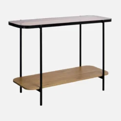 sweeek Consolle vintage in metallo nero con piano in vetro e decori in legno, 110 cm