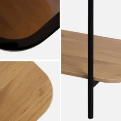 sweeek Consolle vintage in metallo nero con piano in vetro e decori in legno, 110 cm