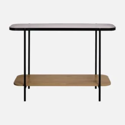 sweeek Consolle vintage in metallo nero con piano in vetro e decori in legno, 110 cm