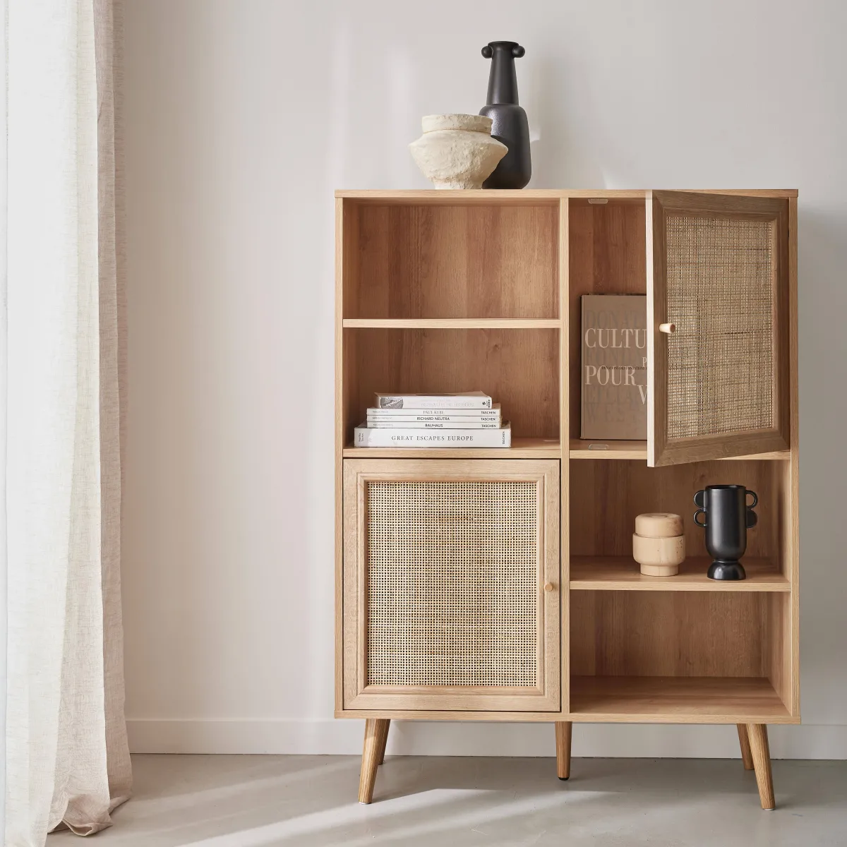 sweeek Credenza a 2 ante in canna e legno, 90cm