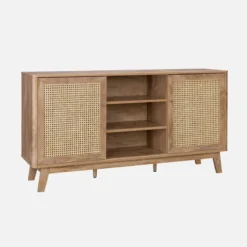 sweeek Credenza con 2 ante scorrevoli e ripiani effetto legno e canna, 150cm