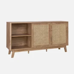 sweeek Credenza con 2 ante scorrevoli e ripiani effetto legno e canna, 150cm