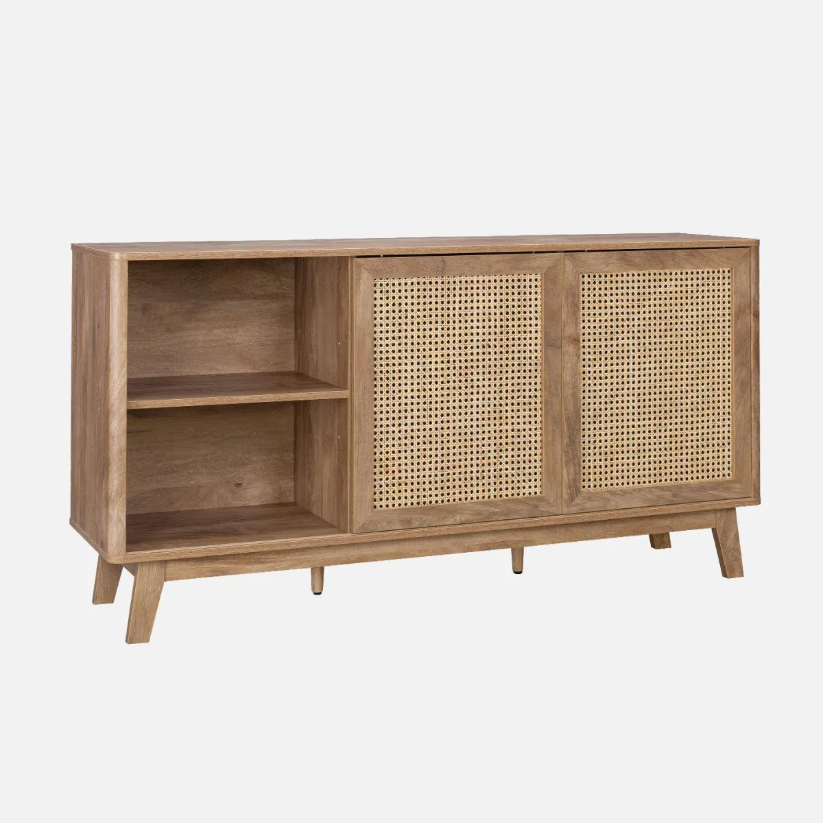 sweeek Credenza con 2 ante scorrevoli e ripiani effetto legno e canna, 150cm
