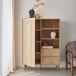 sweeek Credenza con decoro in canna e legno, 101.5cm