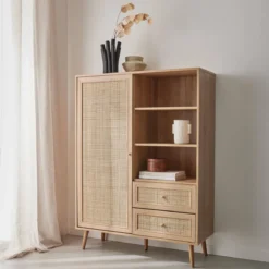 sweeek Credenza con decoro in canna e legno, 101.5cm