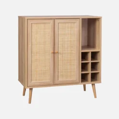 sweeek Credenza con portabottiglie, decorazione in vimini e legno, 83cm
