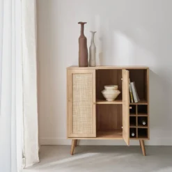 sweeek Credenza con portabottiglie, decorazione in vimini e legno, 83cm