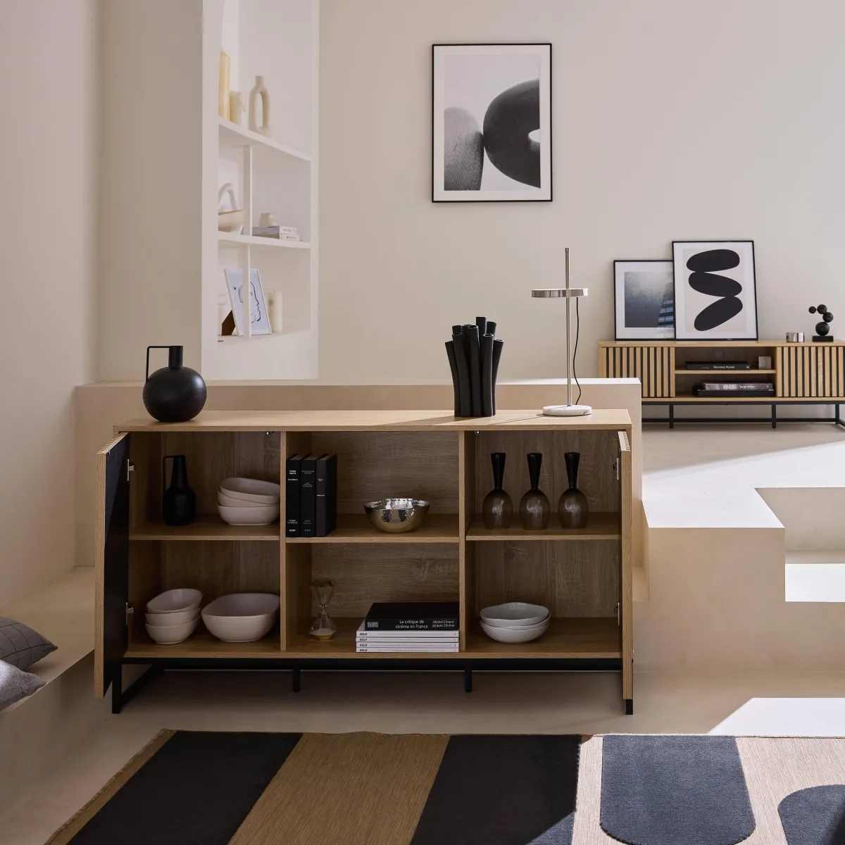 sweeek Credenza contemporanea a 2 ante scanalate effetto legno, 140cm