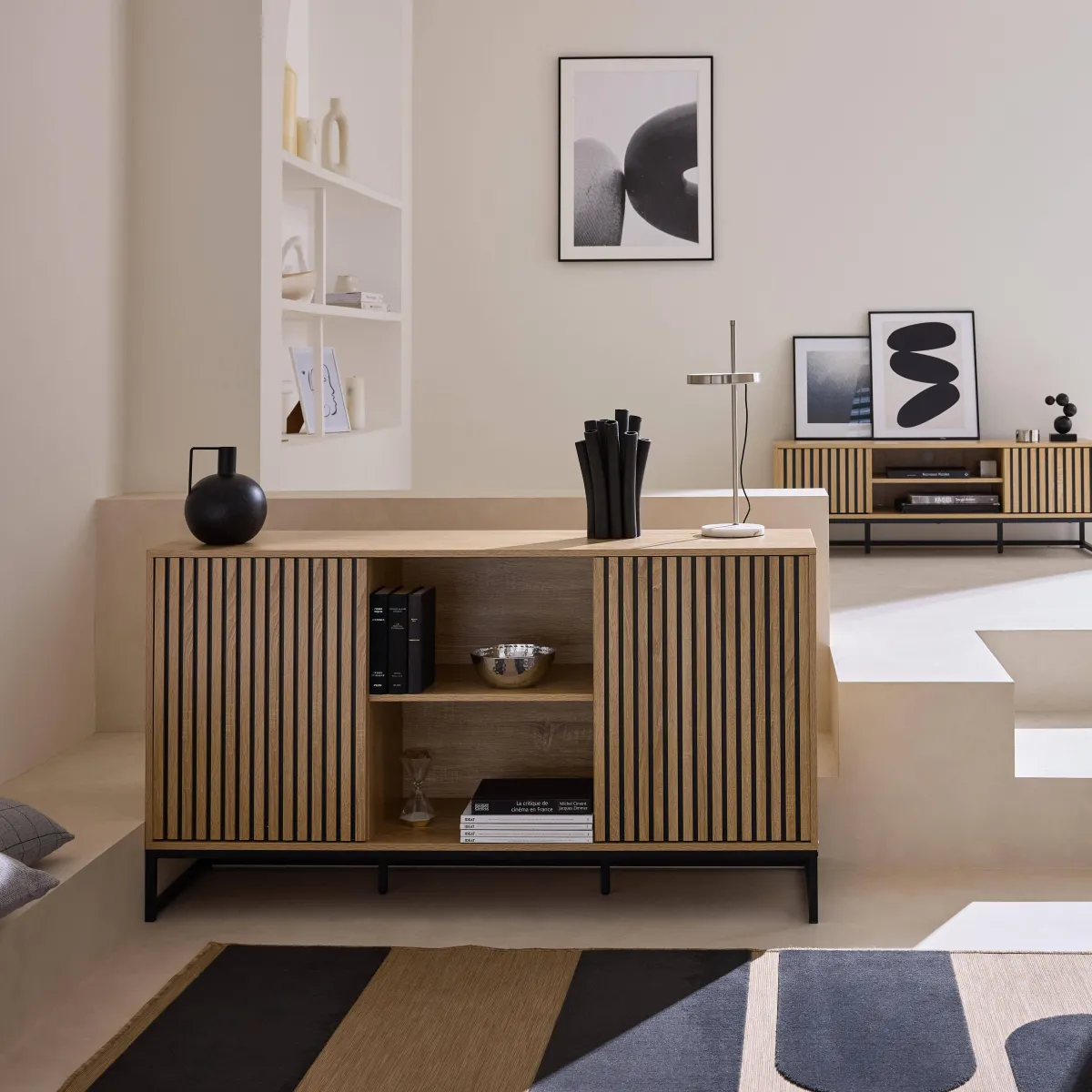 sweeek Credenza contemporanea a 2 ante scanalate effetto legno, 140cm