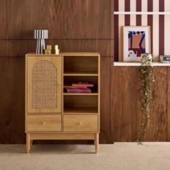 sweeek Credenza decorativa in legno e canna 1 anta 75cm