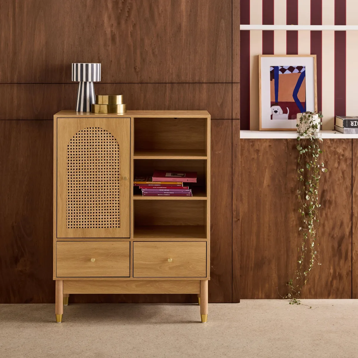 sweeek Credenza decorativa in legno e canna 1 anta 75cm