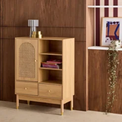 sweeek Credenza decorativa in legno e canna 1 anta 75cm