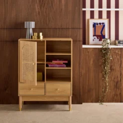 sweeek Credenza decorativa in legno e canna 1 anta 75cm