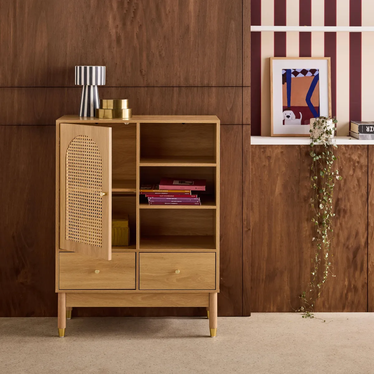 sweeek Credenza decorativa in legno e canna 1 anta 75cm